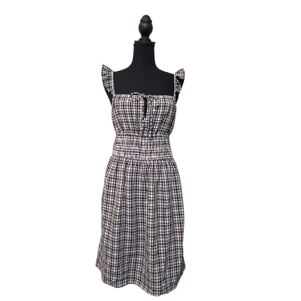 WAYF Black White Gingham Check Smocked Waist Ruffle Strap Medium Lined Tie Front